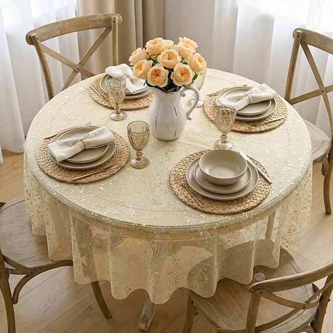 Horaldaily Apricot Gauze Tablecloth 60x60 Inch Round, Golden Sequin Glitter Metallic Foil, Sheer Tulle Cheesecloth for Wedding Baby Shower Ceremony Birthday