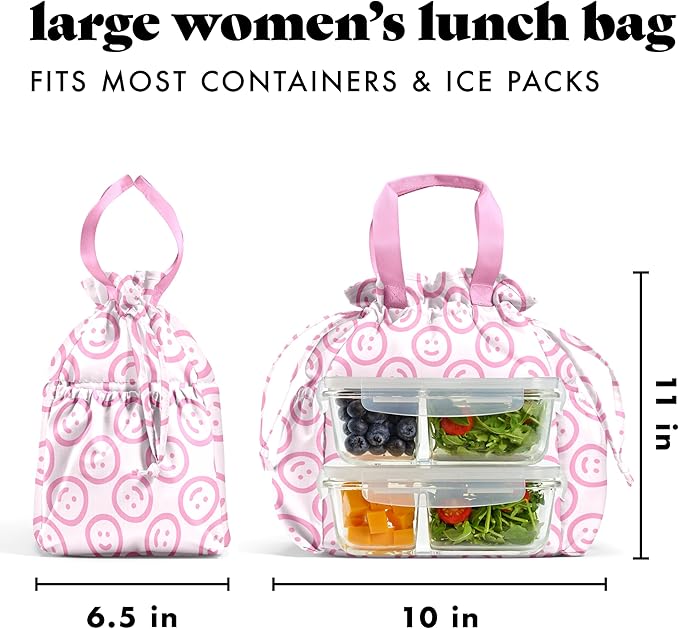 Fit & Fresh Cromwell Drawstring Lunch Bag for Women, Complete Lunch Set with 2 Containers, Stain-Resistant, Leak-Resistant, Back to School Essential, Teacher Lunchbox, All Smiles Pink