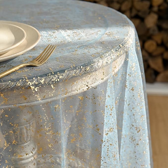 Horaldaily Light Blue Gold Gauze Tablecloth 60x60 Inch Round, Light Blue Sequin Glitter Metallic Foil, Sheer Tulle Cheesecloth for Wedding Baby Shower Ceremony Birthday