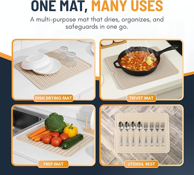 Silicone Dish Drying Mat for Kitchen Counter - Multi-Use 16 x 12 Inch Pad, Non-Slip & Heat-Resistant, Perfect Dish Drainer Mat by Linda’s Essentials, Ideal Kitchen Accessory (Beige)