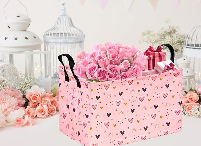 Rec Pink Heart Print Box Hamper Storage Basket Collapsible Organizer Bin Gift Shelf Baskets for Home and Kitchen Storage