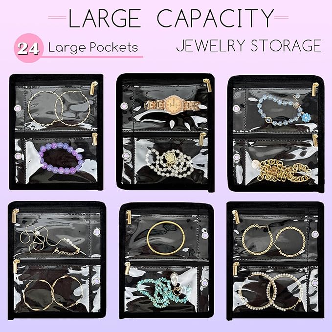Travel Jewelry Organizer Case, Jewelry Bags for Traveling, Jewelry Binder with 24 Pcs Clear Zipper Velvet Pouches for Storing Earrings, Rings, Necklace, Bracelet, Watch (Black)