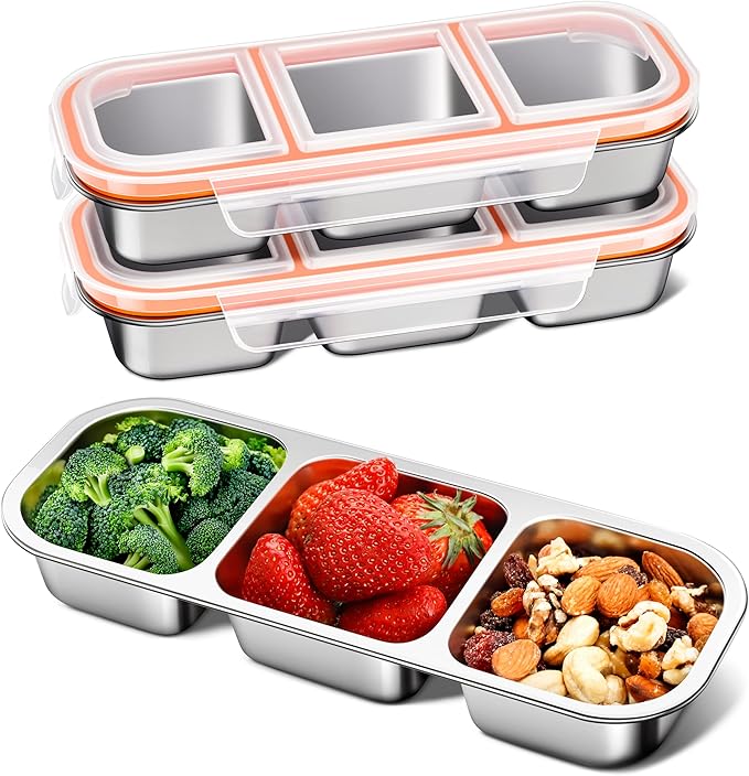 KTKUDY 3 Pack Stainless Steel Snack Containers for Kids & Adults - Leak-Proof 3-Compartment Stackable Snack Lunch Boxes for Daycare, School, Work & Travel