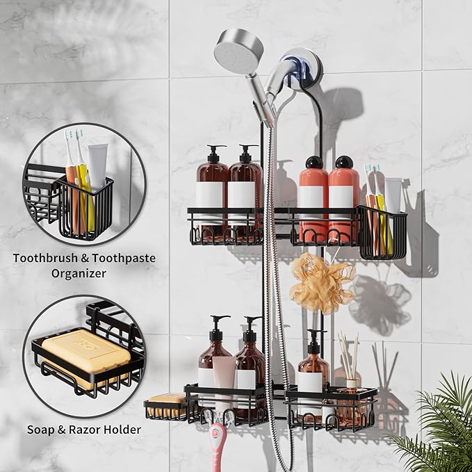 Daoun Shower Caddy Hanging with Door Hook - Split Design for Handheld Showerheads, Rustproof Over The Showerheads Bathroom Organizer with Hooks Soap and Toothbrush Holder, Bathroom Accessories Black