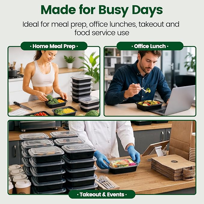 Meal Prep Containers with Lids 32oz-50 Pack & 50 Forks Individually Wrapped, Disposable Food Storage Containers BPA Free, Leak-Resistant, Microwave & Freezer Safe for Salad,Lunch,Take out,Togo Box