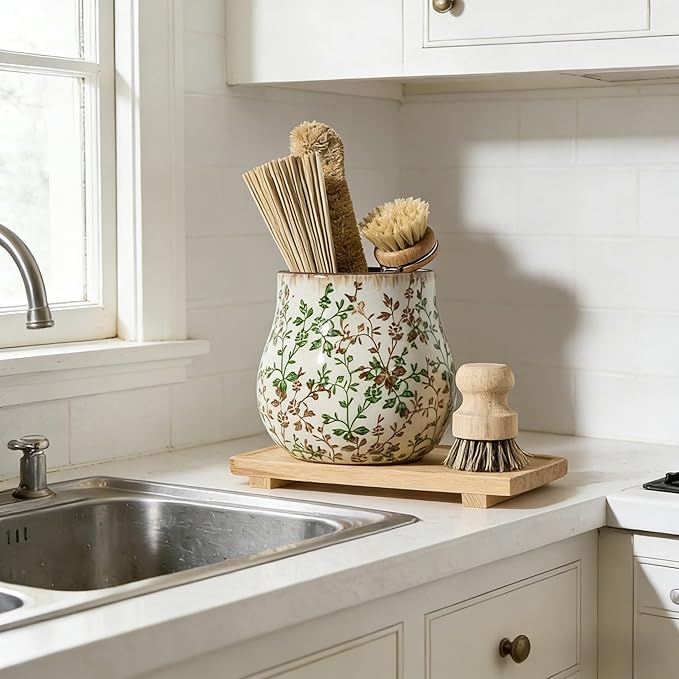 JIEMEI HOME Kitchen Utensil Holder, 6.3" Ceramic Rustic Utensil Crock for Countertop, Farmhouse Cooking Tool Organizer, Spatula Holder For Kitchen Decor, Green and Brown Floral