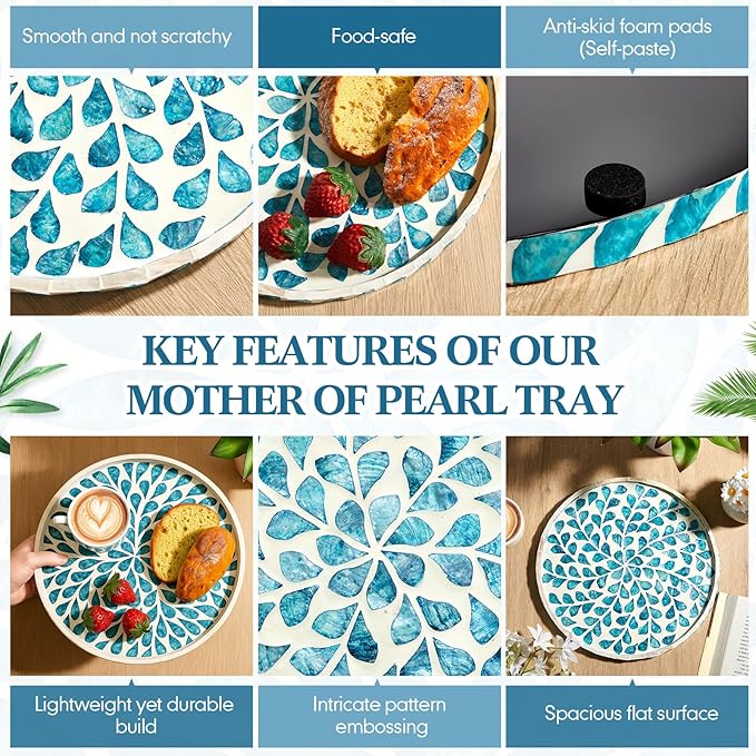 Chunful Mother of Pearl Round Serving Tray 10 Inch Wood Coffee Table Tray for Tea Breakfast Kitchen Cabinet(Teal Floral Style)