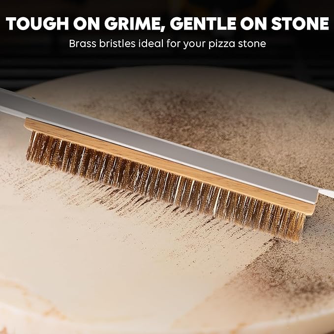 26'' Pizza Brush with Stainless Steel Stone Scraper - Brass Bristles - Wood Handle - Hanging Ring - Outdoor Pizza Oven Accessory - Compatible with Ooni, Gozney, Blackstone, Solo Stove Ovens
