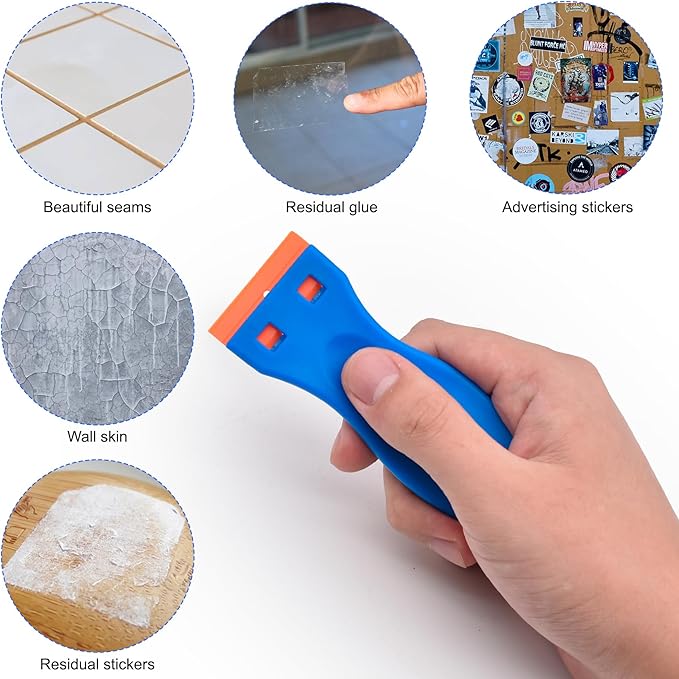 8 Pcs Plastic Razor Blade Scraper and 100 Pcs Blades, Remove Label Decal Tool， Forwithout Scratches Plastic Razor Blade Scraper, Adhesive Remover for Stickers, Kitchen Appliances and Paints on Window