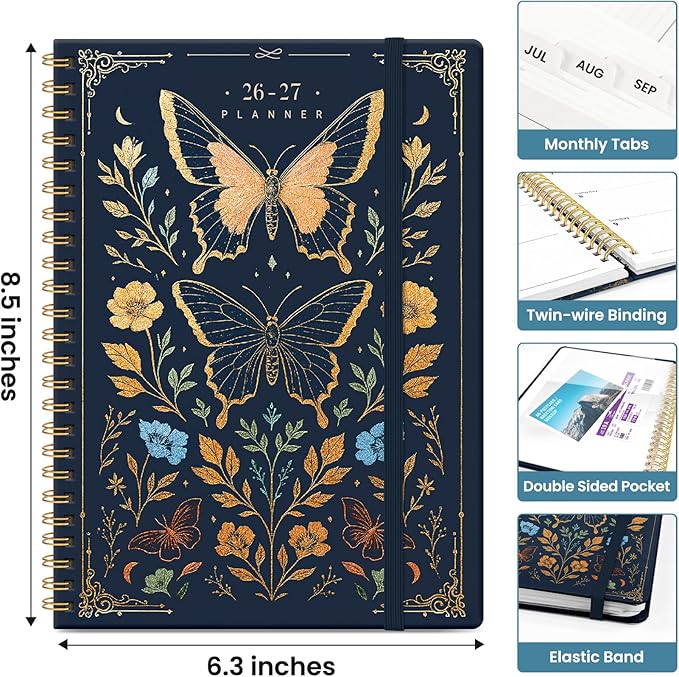 Planner 2026-2027, Academic Year Weekly and Monthly Calender Planner, from Jul 2026 - Jun 2027, Spiral Bound School Planning Book, Perfect for Teacher, Student, Women & Men, A5 (6.3" x 8.5"), Golden Butterfly