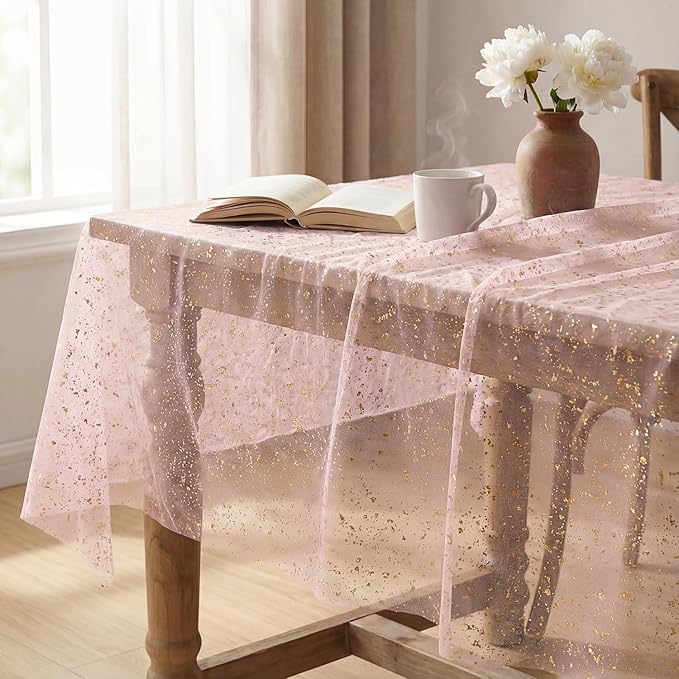 Horaldaily Pink Gold Gauze Tablecloth 60x84 Inch Rectangular, Golden Sequin Glitter Metallic Foil, Sheer Tulle Cheesecloth for Wedding Baby Shower Ceremony Birthday