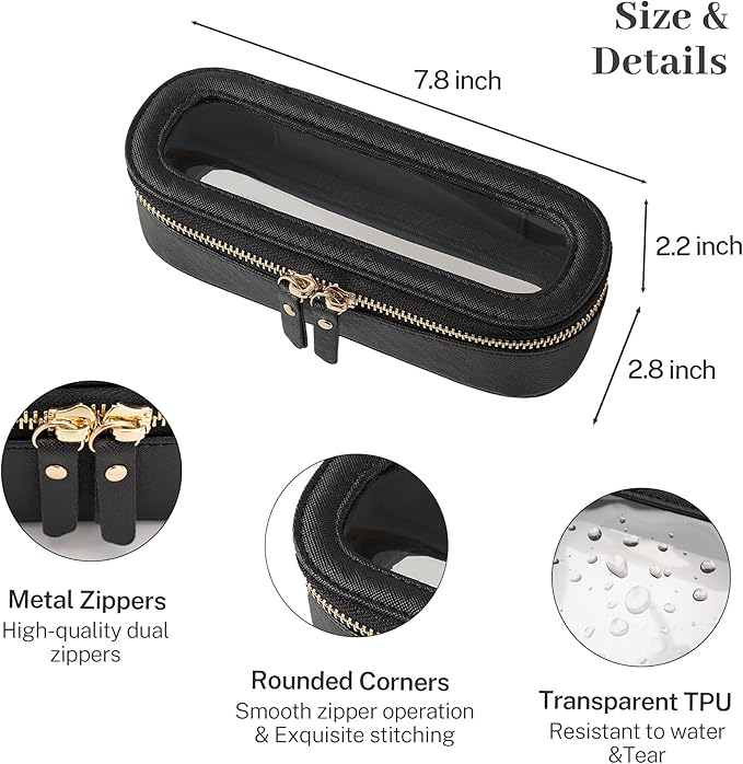 Aveniee Slim Clear Makeup Brush Bag, Small Cosmetic Brush Holder, Mini Toiletry Bag Travel Case for Women, Thin Make up Bags with Dual Zipper, Cute Travel Essentials Bag Organize - Black