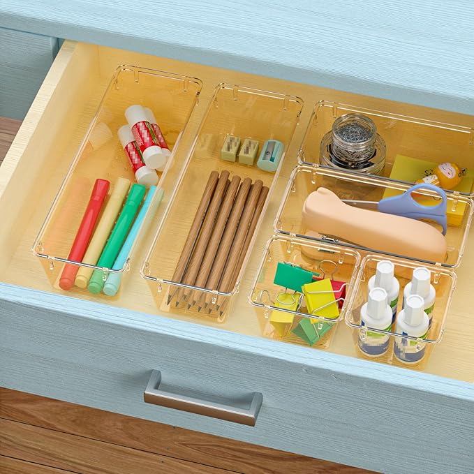WOWBOX 6 Pack Clear Drawer Organizer Set, Acrylic Drawer Storage Trays, Storage Bins for Makeup, Cosmetics, Jewelries, Utensils, Gadgets, Office, Champagne
