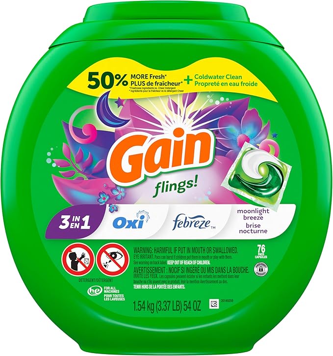 Gain Laundry Detergent Pacs, Moonlight Breeze | HE Compatible | Long Lasting Scent | 76 Count | Pack of 2