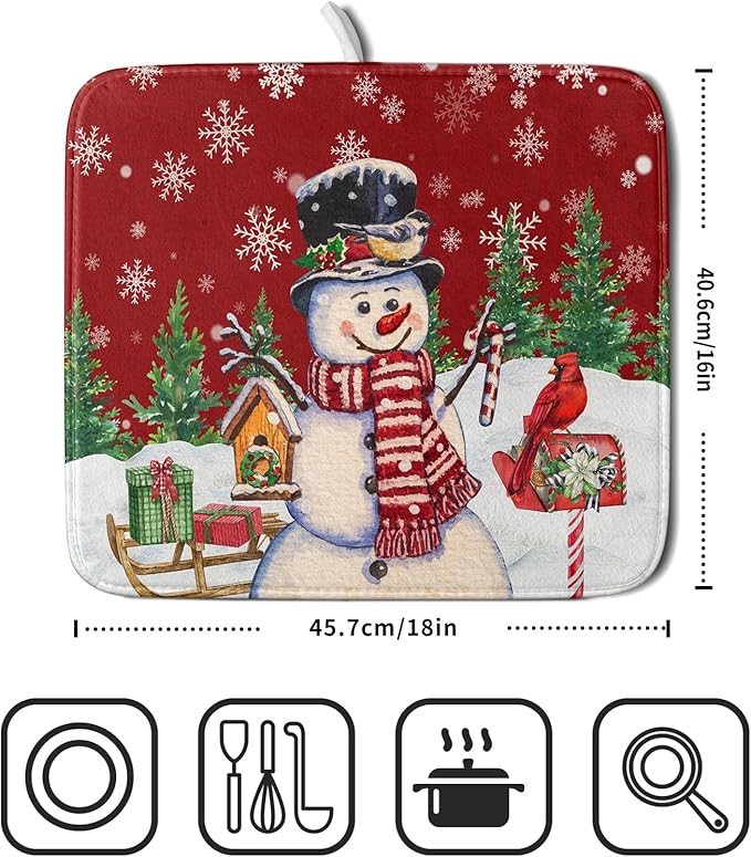 Winter Snowman Dish Drying Mat Red Bird Microfiber Dish Pad 16x18 Inch Absorbent Fast Dry Dishes Draining Mats Holiday Kitchen Accessories