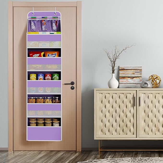 Univivi 6-Shelf Over Door Hanging Organizer Fabric Baby Door Storage with 5 Large Pockets and 3 Small PVC Pockets Wall Mount Hanging Storage Organizers for Baby Essential (Purple)