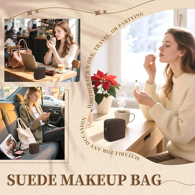 Waterproof Mini Makeup Bag for Purse,Small Cosmetic Pouch Suede Travel Toiletry Organizers Bag for Women Girls,Cute Zipper Preppy Coin Purse Sanitary Napkin Storage Bag for Work(Mini-Coffee)