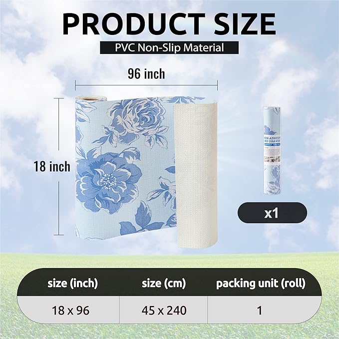 FIFTY FEET 18X96 Inch Shelf Liner for Kitchen Cabinets, PVC Drawer Liner for Dresser Non-Slip Bathroom, Non-Adhesive Cabinet Liner Washable (Blue Flower)(1 Roll)