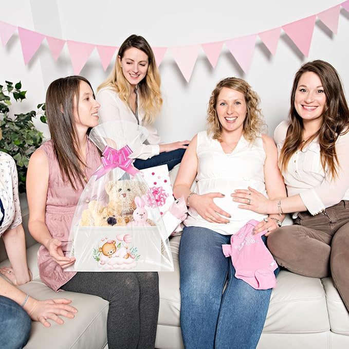 Pickmesh Baby Shower Storage Basket with Gift Bags Rectangular Ribbons Collapsible Canvas Storage Bin with Handles for Diaper Organizing Toy Home DIY Gift Basket, 13 x 9. 1 x 7. 1 Inch(Pink Bear)