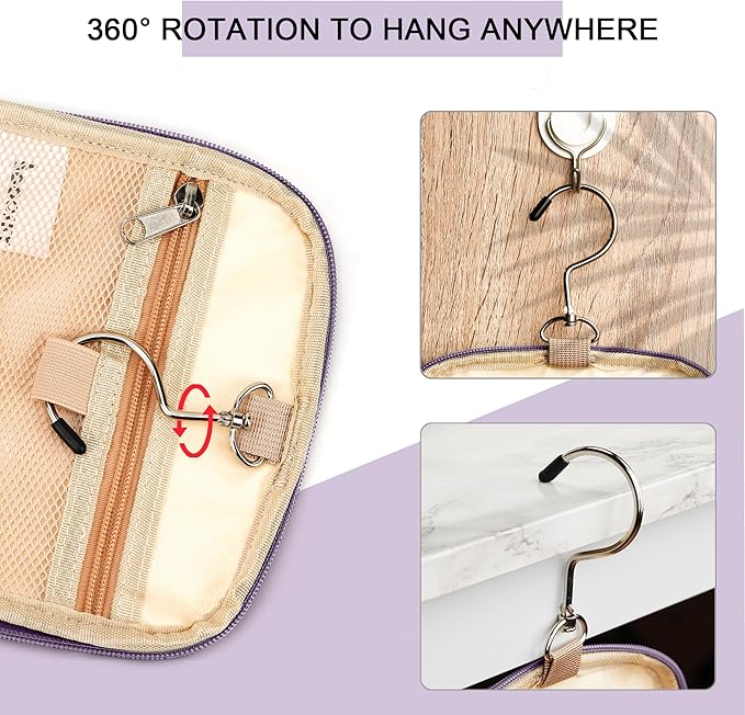Travel Hanging Toiletry Bag for Women and Men, 6 Organizer Compartments, Holds Full Size Bottles, Extra Large Cosmetic Accessories, Makeup Essentials, Bathroom Water-Resistant Toiletry Bag, Purple