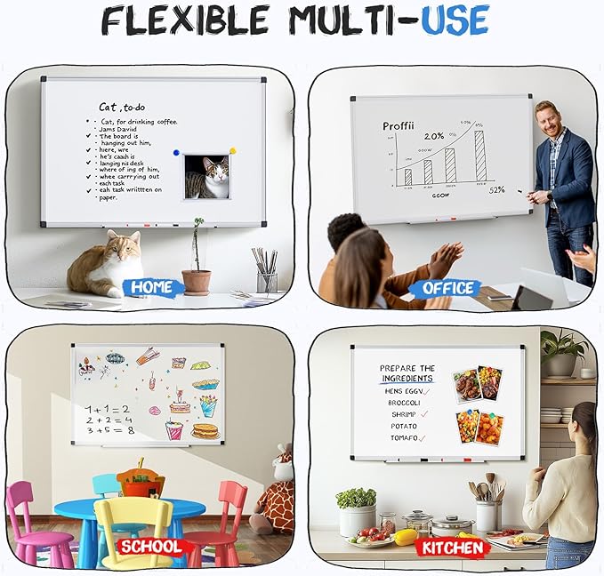DUMOS Magnetic White Board Kit Set of 2, 36" x 24" Dry Erase Board with 1 Dry Eraser & 2 Multicolor Markers & 4 Magnetic Pins, Silver Reinforced Aluminum Frame for Home, School, Office