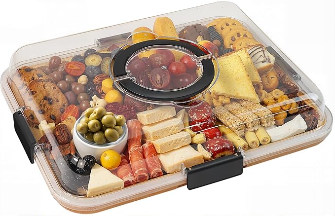 Renmxj Charcuterie Board with Clear Lid, Travel Portable Cheese Board Charcuterie Boxes Cutting Boards for Kitchen, House Warming Gifts New Home, Gifts for Women (Black, 6 Compartments)