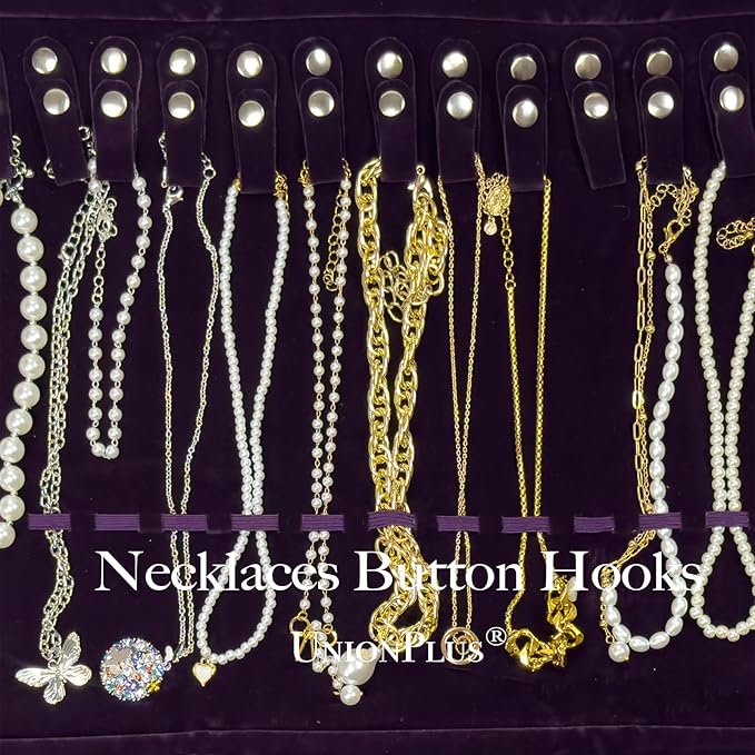 UnionPlus Velvet Travel Jewelry Roll Bag Organizer for Necklace, Elastic Band and Anti-winding, Large, Purple