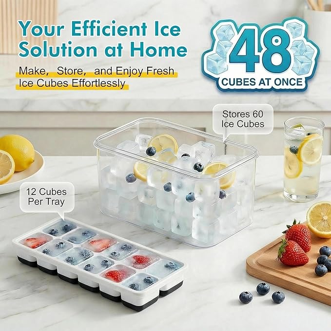 NFK Ice Cube Tray with Lid & Bin - 4 Pack 48 Cubes Stackable Silicone Trays for Freezer with Storage Container, Leak-Proof Lids, BPA-Free, Easy Release for Kitchen, RV, Party, Cocktail & Coffee