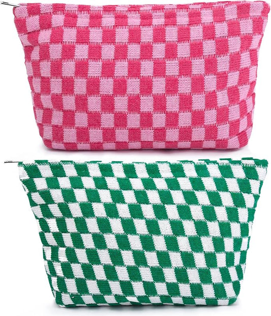 SOIDRAM 2 Pieces Makeup Bag Large Checkered Cosmetic Bag Capacity Canvas Travel Toiletry Bag Organizer Cute Makeup Brushes Aesthetic Accessories Storage Bag for Women, Checkered L Green Rose red