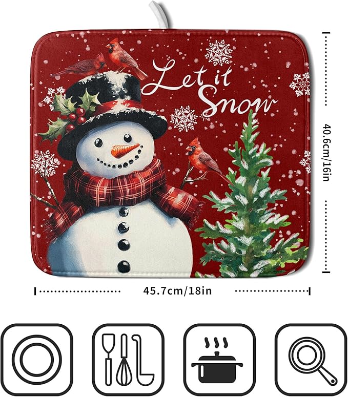 Winter Snowflake Red Dish Drying Mat for Kitchen Counter,Xmas Trees Snowman Cardinal Bird Drying Mat 16 x 18 Inch with High Absorbent Microfiber Drainer Mat for Coffee Bar