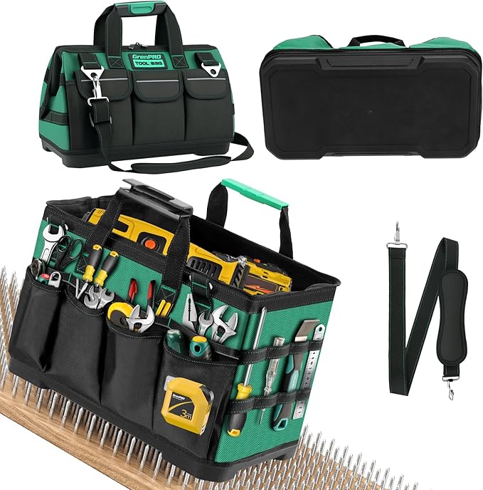 Tool Bag 16 Inch Heavy Duty, 18-Pocket Molded Bottom Toolbox Organizer, Portable Waterproof, Upgraded Handle Tool Bag with Adjustable Shoulder Strap for Mechanics, DIY, Dad Birthday Gift