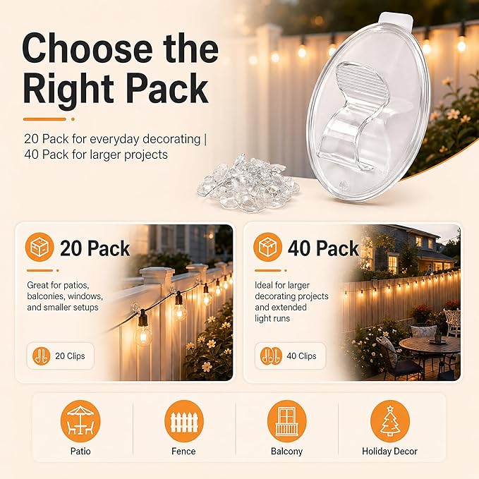 Hooks Lights Clips Outdoor String - 3X Stronger Adhesion 40Pcs Clear Heavy Duty Hangers Waterproof Adhesive - Sticky Removable 0 Residue No Drill Indoor Garage - for Patio Fence Gutters Wall Christmas