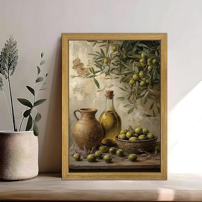 Wood Framed Olive Kitchen Wall Art, Vintage Rustic Still Life Canvas Print, Green Olives Poster Print Picture, Fruit Wall Decor Painting for Dining Room Cafe Restaurant Farmhouse Home Decor 8x10 inch