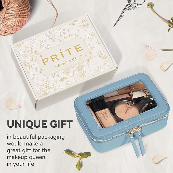 Prite Clear Makeup Bag Cosmetic Organizer Case Waterproof Travel Toiletry Bag Skincare Pouch with Golden Zipper (Blue)