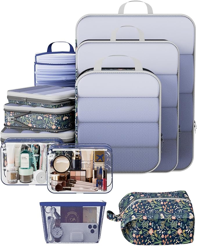 Veken 11-Piece Compression Packing Cube Set for Travel Essentials, Compressible Expandable Large Luggage Suitcase Organizer Bags for Clothing, Durable Space Saver Storage Bags (Dark Blue Floral)