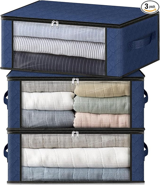 HomeHacks Storage 3-Pack Clothes Organizer Storage Bags Foldable Storage Box with Large Clear Window Sturdy Handles for Closet, Dorm, Pillows, Bedding, Clothes, Blankets, 35L, Blue