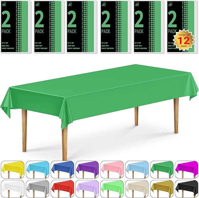 DecorRack 12 Rectangular Tablecloths BPA-Free Plastic, 54 x 108 inch, Dining Table Cloth, Rectangle Table Cover for Parties, Picnic, Camping and Outdoor, Disposable or Reusable, Green (12 Pack)