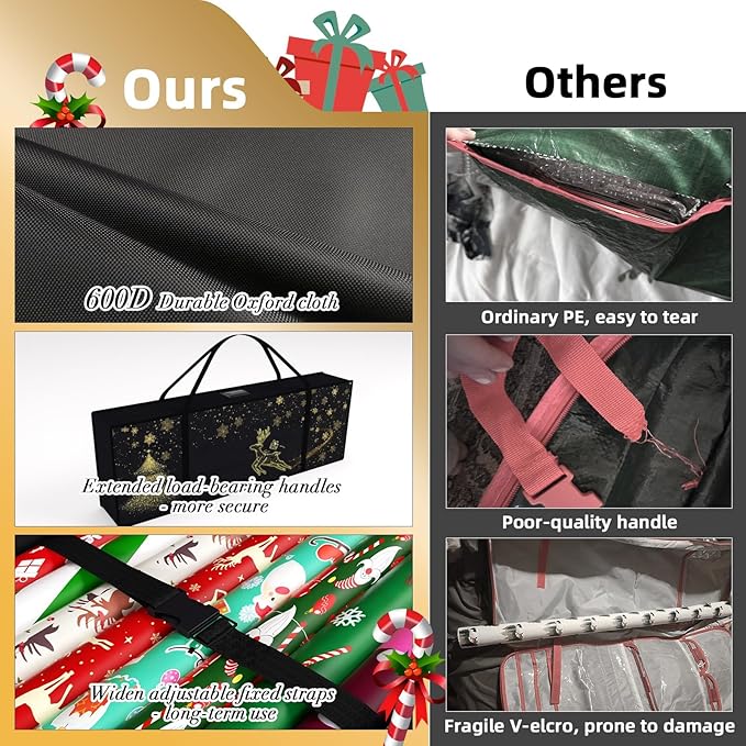 Safana 2 Pack Wrapping Paper Organizer Storage Bag, 42" Durable 600d Oxford Christmas Gift Wrapping Organizer Box Under Bed Containers for Decorations Paper Rolls, Ribbons, Bows (Golden Deer)