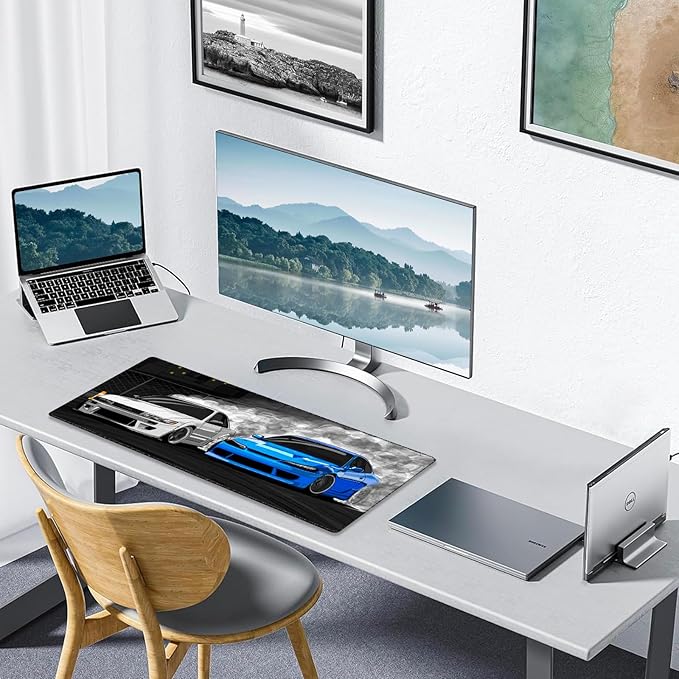 White Blue Cars Desk Pad, Stitched Edges Mouse Pad, Large Office Desk Mat, Non-Slip Gaming Mouse Pad, Laptop Desk Pad, Desk Writing Pad for Office and Home