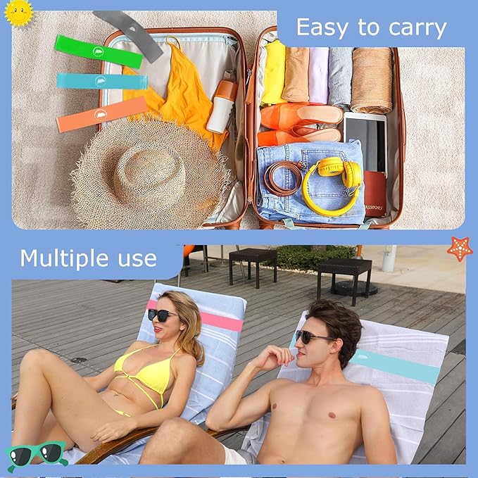 Towel Bands (6 Pack) - Stretch Beach Towel Clips for Beach Cruise Pool Chairs, Lounge Towel Holder Elastic, Cruise Ship Essentials (Blue & Cyan & Pink)