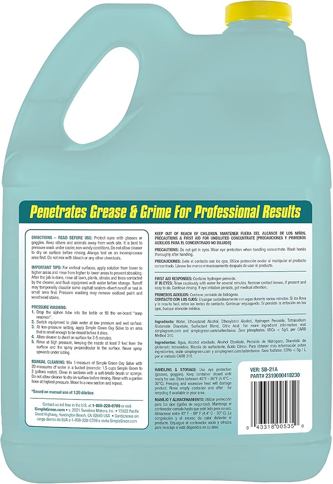 Simple Green Oxy Solve Total Outdoor Cleaner Concentrate, Pressure Washer & Manual Use, EPA Safer Choice Certified, Peroxide Cleaner for Wood, Concrete, Vinyl & More