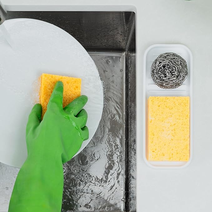 Zulay Kitchen (9x3.5) Silicone Sponge Holder for Kitchen Sink - Flexible Multipurpose Soap Tray - Sink Organizer for Kitchen, Bathroom, Makeup, Trinkets & More (White)