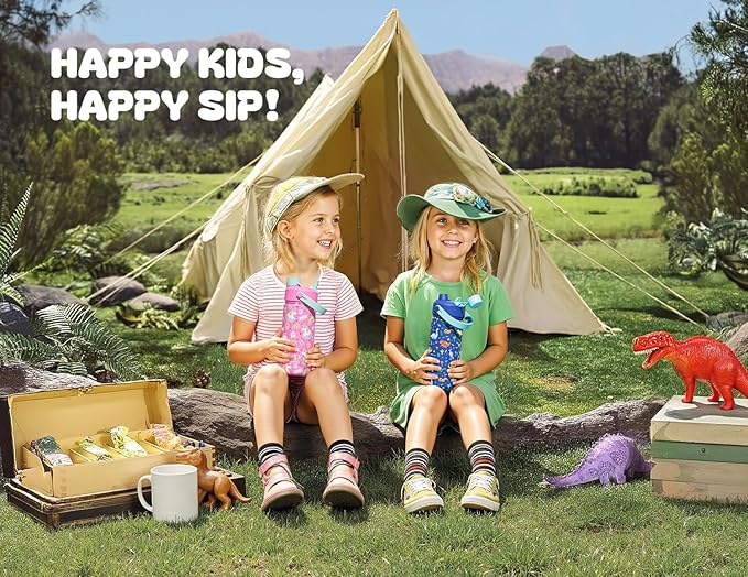 12 oz Kids Water Bottle for Girls: Leakproof, BPA-Free, Durable Straw Spout Lid, 24H Cold, Cute Patterns, Insulated Stainless Steel Cup with Carrier Bag for School, Trip, Camping, Daily (Sunny Dreams)