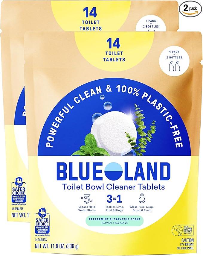 BLUELAND Toilet Bowl Cleaner Tablets, 2-Pack, 28 Count, Peppermint Eucalyptus, Plastic-Free, No Harsh Chemicals, Plant-Based