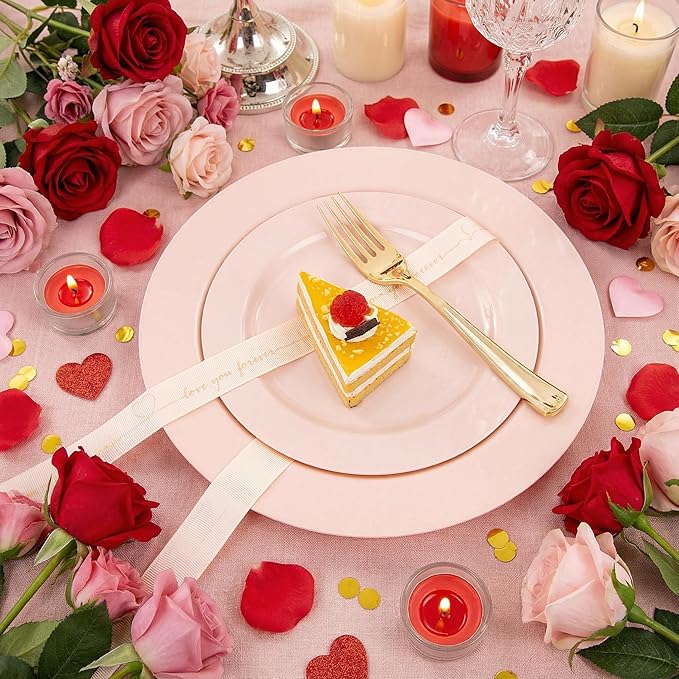 FLOWERCAT 60PCS Pink Plastic Plates - Heavy Duty Pink Plates Disposable for Easter Party&Valentine's Day/Wedding - serving 30 guests Include 30PCS 10.25inch & 30PCS 7.5inch