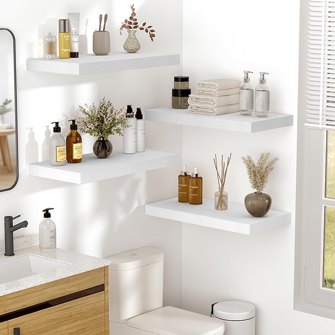 Vivelove 10 Deep Floating Shelves for Wall, 55" x 10.2" x 1.5" Shelves for Room Wall Mounted, 1.5 Inch Thick Shelf for Bathroom Bedroom Kitchen Book Room, Modern Farmhouse Decor, Set of 2, White
