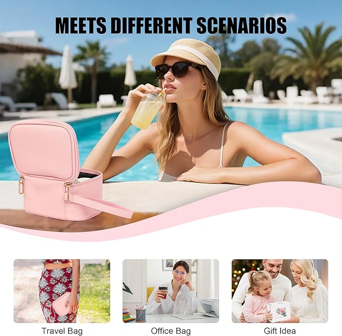 Relavel Mini Makeup Bag with Led Mirror, Small Cosmetic Bag with 3 Light Modes, Rechargeable Portable Makeup Pouch with Hands-Free Wrist Strap for Pool Parties丨Work Touch-Ups丨Travel - Pink