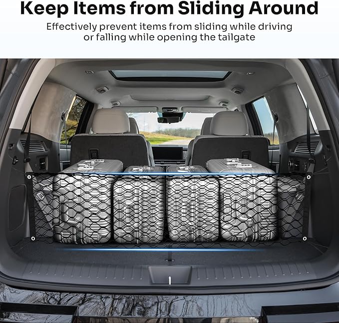 Cargo Net for 2024 2025 2026 Hyundai Santa Fe Trunk Net Envelope Style Mesh Trunk Net Organizer for Santa Fe Accessories Double Layer Elastic Nylon Rear Cargo Netting with Hooks