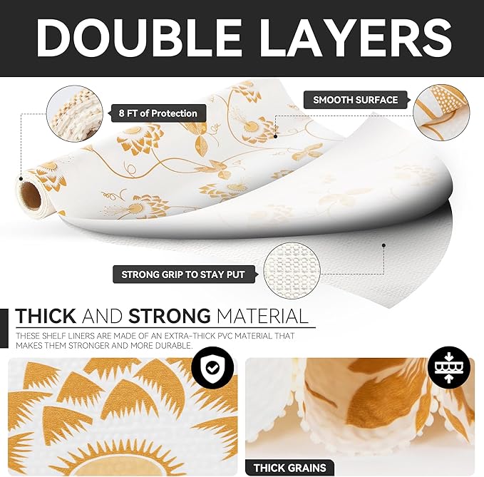 RAY STAR Shelf Liner, Non Adhesive Golden Leaves Floral Kitchen Cabinet Liner for Pantry Drawer Vanity, Strong Grip Non Slip, Shelf Liners for Kitchen Cabinets Cupboard 18 Inch x 8 FT (2 Rolls)