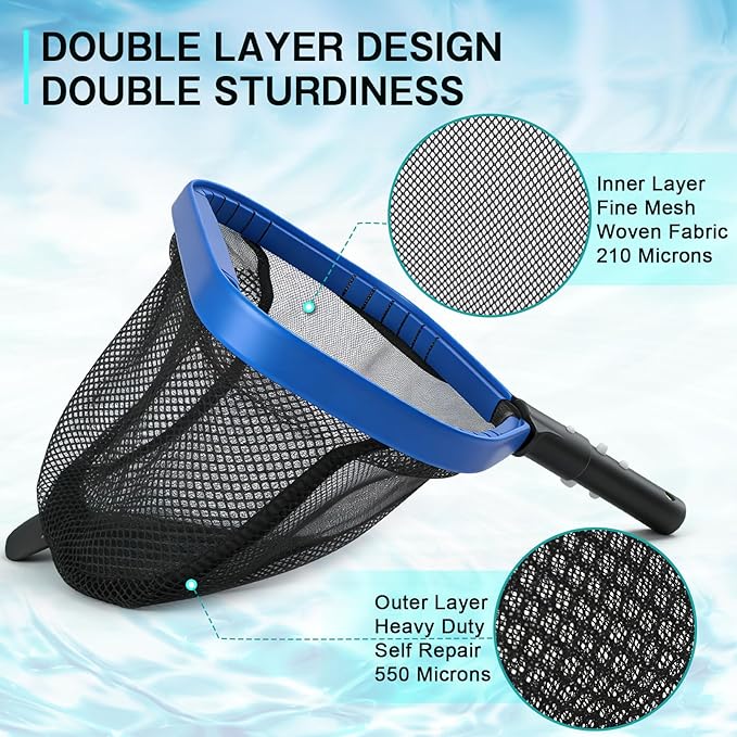 FEED GARDEN Pool Leaf Rake Pool Skimmer Nets for Cleaning with Double-Layer Deep Big Bag,17.5" L x 11" W Heavy Duty Aluminum Frame & Handle Rake(Pole Not Included)